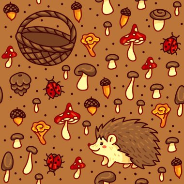 Hegehog, uğur böceği, mantar, karaca, chanterelle, meşe palamudu ve sepetle elle elle çizilmiş sonbahar orman vektörleri. Çocuk ambalajı, kağıt, parmak izi, kumaş tasarımı için uygun.