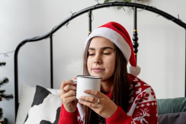 Mutlu Noeller ve mutlu yıllar. Kırmızı kazaklı ve Noel Baba şapkalı genç esmer kadın Noel 'i kutluyor sıcak bir bardak içki içiyor.