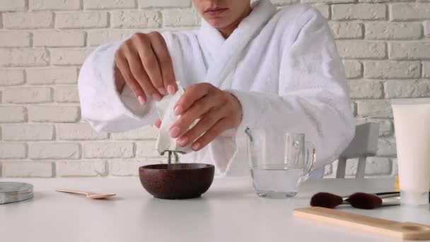 Skin Care Woman Bathrobes Making Clay Facial Mask Doing Spa — Stockvideo