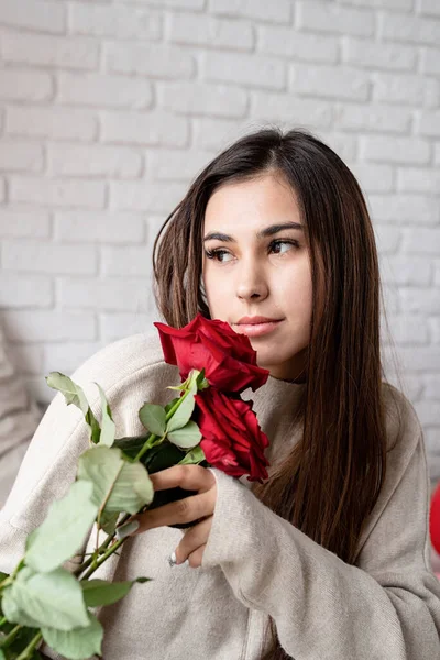 Valentine Day Women Day Young Caucasian Brunette Woman Sitting Bed — Foto Stock