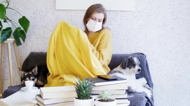 自我照顾的概念 戴面具的女人坐在沙发上 她的狗裹着毛毯 打喷嚏 感冒或过敏 — 图库视频影像
