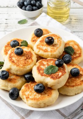 Ahşap arka planda seramik tabakta yabanmersinli süzme peynirli börek. Sağlıklı kalsiyum kahvaltı, öğle yemeği veya atıştırmalık. Geleneksel Rus yemekleri. Kapat.