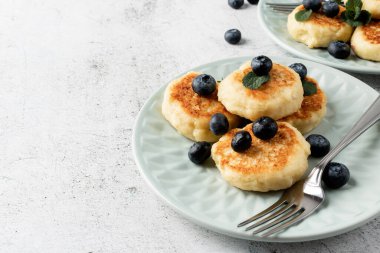 Çimento arka planında seramik mavi tabakta yabanmersinli süzme peynirli börek. Sağlıklı kalsiyum kahvaltı, öğle yemeği veya atıştırmalık. Geleneksel Rus yemekleri. Kapat.
