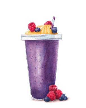 Watercolor raspberry and blueberry milkshake or frappe decorated with cream, berries and drinking straw isolated on white background, hand drawn illustration