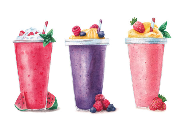 Watercolor strawberry, watermelon and raspberry milkshakes or frappes decorated with cream, mint and drinking straws isolated on white background, hand drawn illustration