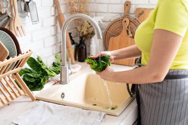 Preparing healthy foods. Healthy eating and dieting. Young smiling woman in home clothes washing spinash in the kitchen