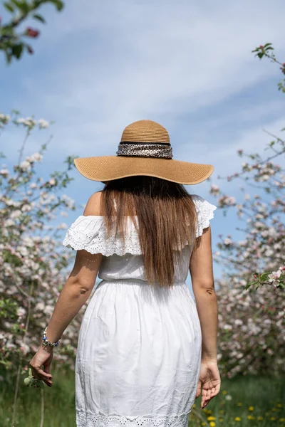 Spring concept. Nature.Young caucasian woman enjoying the flowering of an apple trees, walking in spring apple gardens