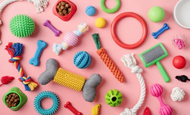 Pet care concept, various pet accessories and tools, toys, balls, brushes on pink background, flat lay pattern