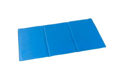 Pet care. Blue folded pet cooling mat or rug isolated on white background with clipping path, summer heat, copy space