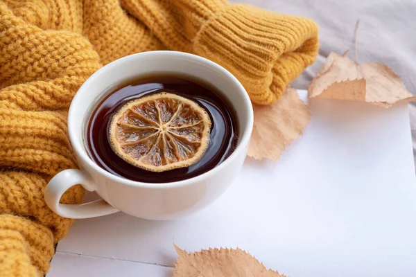 Hello fall. Cozy warm image. Cozy autumn composition, sweater weather. Pumpkins, hot tea with lemon and sweaters on window