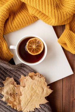 Hello fall. Cozy warm image. Cozy autumn composition, sweater weather. Pumpkins, hot black tea and sweaters