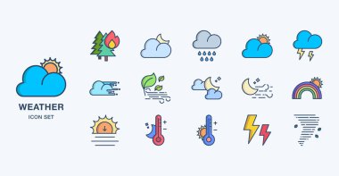 Hava simgeleri ayarlandı. Beyaz arkaplanda izole edilmiş web tasarımı için 36 tahmin vektör simgesinin basit biçimi 