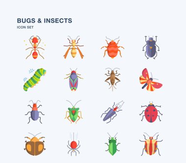 Böcek simgeleri ayarlandı. Web için böcek vektör sembolünün düz çizimi 