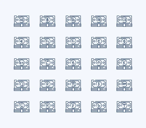 Ensemble Icônes Ligne Mince Monnaie — Image vectorielle