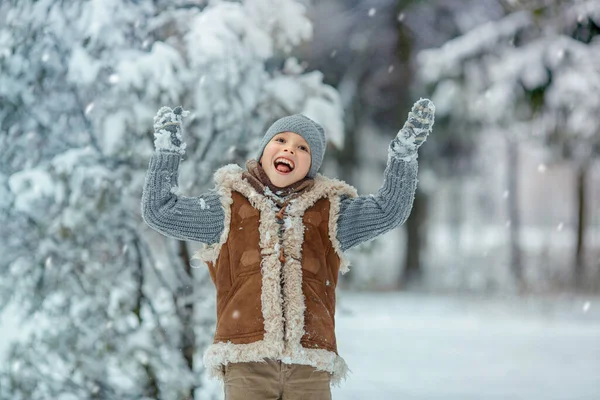 快乐的男孩在公园里雪天玩耍. — 图库照片
