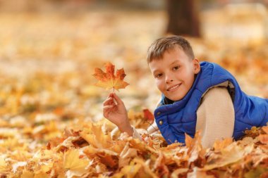 Mutlu çocuk sonbahar yaprakları üzerinde döşeme