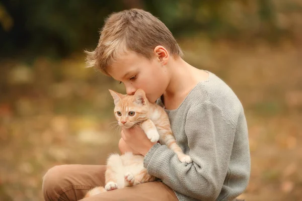 Kid with ginger cat on a autumn background. — Stock Photo, Image
