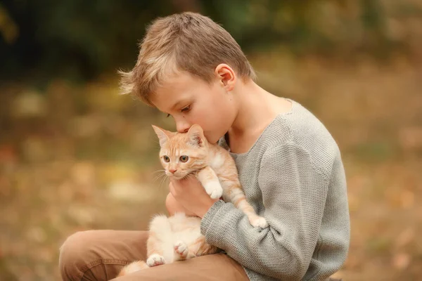 Kid met gember kat op een herfst achtergrond. — Stockfoto