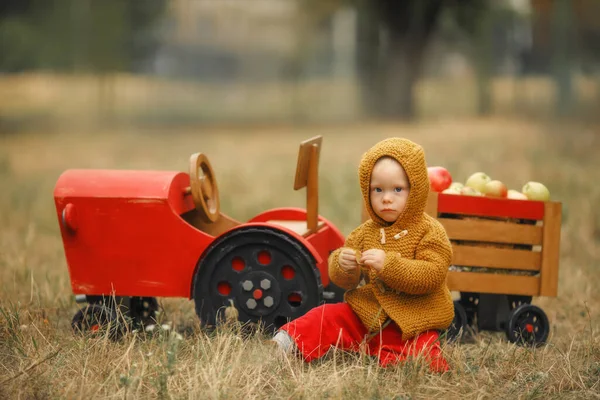 Farmář chlapec na malém červeném traktoru — Stock fotografie