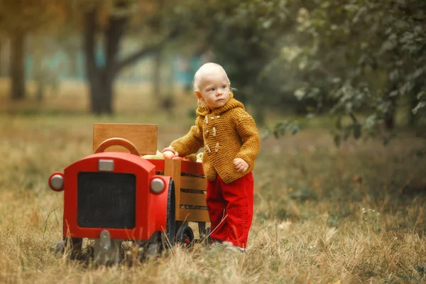 작은 붉은 나무 트랙터에 달린 생강 스웨터를 입은 어린이 — 스톡 사진