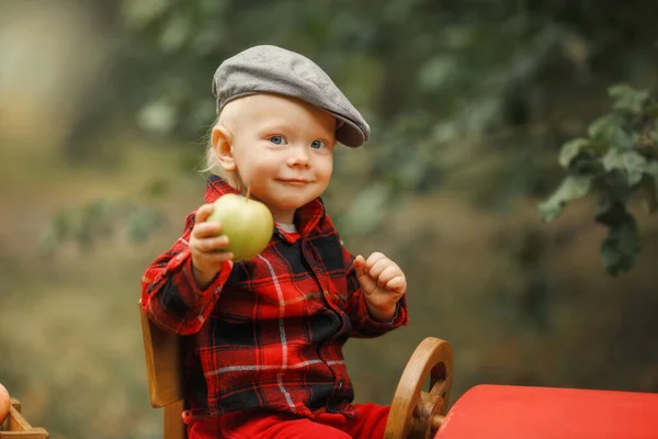  Küçük kırmızı ahşap traktörlü çocuk.