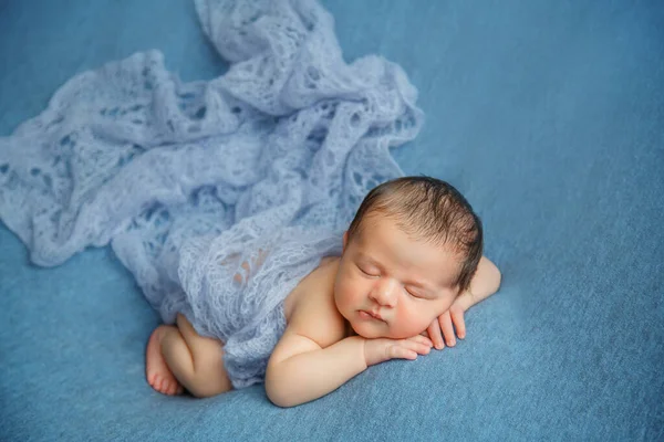 Battaniyeyle kaplanmış mavi bir arka planda uyuyan yeni doğmuş bebek..