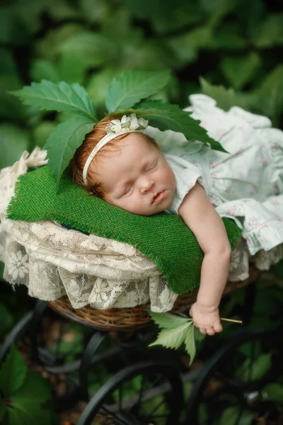 Bebê recém-nascido menina ao ar livre encontra-se em uma carruagem bebê — Fotografia de Stock