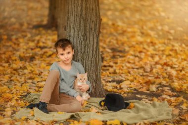 Kırmızı kedili çocuk, sonbahar bahçesi arka planında, ağacın yanında.. 
