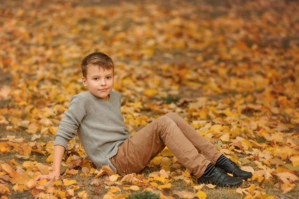 Pojke i höst trädgård bakgrund — Stockfoto