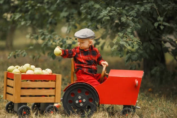 붉은 나무 트랙터를 타고 있는 농부 — 스톡 사진