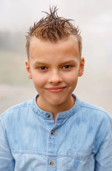 Smiling Boy Stylish Hairstyle Outdoors Rain Looking Camera Teenage Portrait — Stock Photo, Image