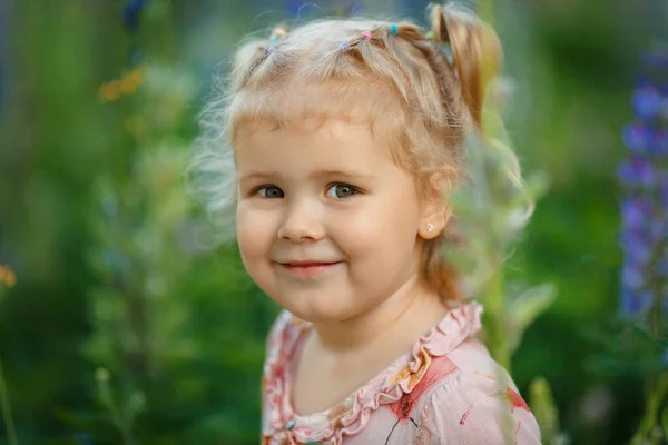 Portrait Pretty Blonde Girl Field Purple Flowers — Fotografia de Stock