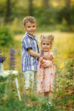 Neşeli, küçük, tatlı bir çift erkek çocuk çayırda yürüyor, eğleniyor, sarılıyor, güneşli günlerin tadını çıkarıyor. Heyecanlı küçük çocuklar. Çocuklar, çocukluk tarzı konsepti. 
