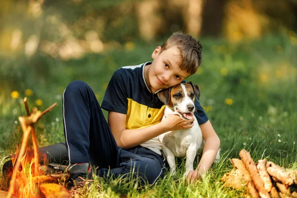 Boy Dog Jack Russell Terrier Campfire Happy Caucasian Teenager His — Foto Stock