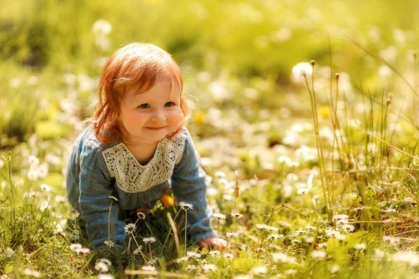 Baby Red Hair Girl Blue Dress Sitting Grass Park Looking — ストック写真