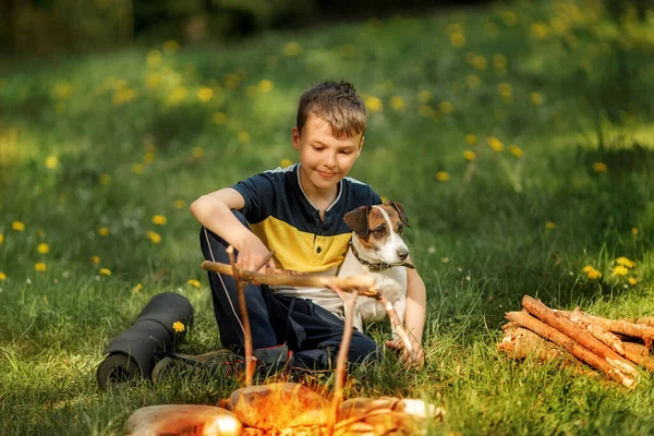 Boy Dog Jack Russell Terrier Campfire Happy Caucasian Teenager His — Photo
