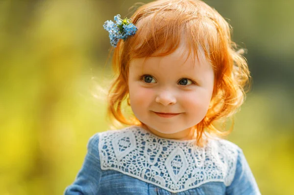 Cute Portrait Baby Red Hair Girl Blue Dress Sitting Big — Fotografia de Stock