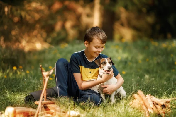 Boy Dog Jack Russell Terrier Campfire Happy Caucasian Teenager His — Photo