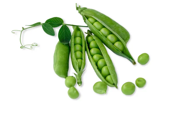  Fresh green pea pods and peas isolated on the white background. Close up 