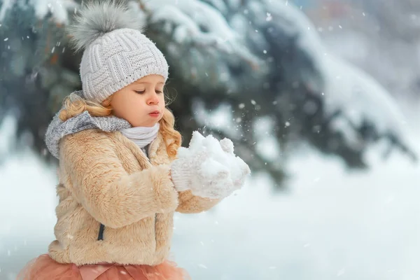 Girl Coat Hat Winter Blowing Snow Her Hands Snowy Forest — 图库照片