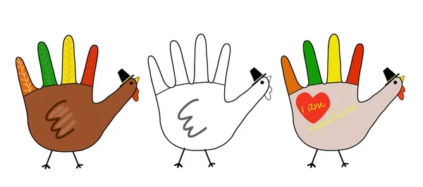 Set of thanksgiving day hands turkeys for print drawing. Design with theme message