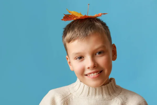 Autumn Portrait Boy Leaf His Head — Fotografia de Stock