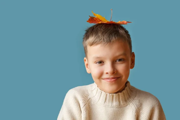 Autumn Portrait Boy Leaf His Head — Fotografia de Stock
