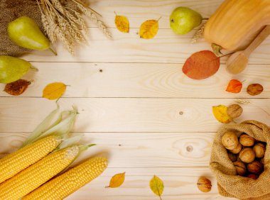  Autumn Thanksgiving table setting. Wooden table with pumpkins, corns, walnuts, pear, wheats and autumn decor. Copy space.
