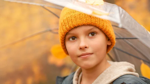 가을에 우산을 모자를 아이는 있습니다 소년의 뒤에는 나무가 초상화 클로즈업 — 스톡 사진