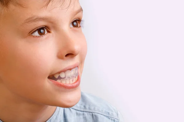 Boy Wearing Orthodontic Silicone Trainer Night Guard Case Invisible Braces — Stock Photo, Image