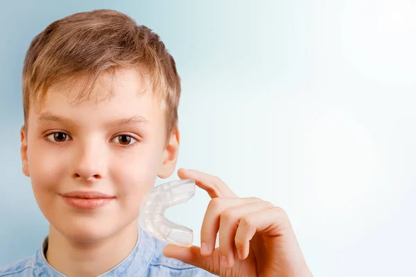 Positive Child Boy Holding Mouth Guards His Teeth Smiling Banner — Stock Photo, Image