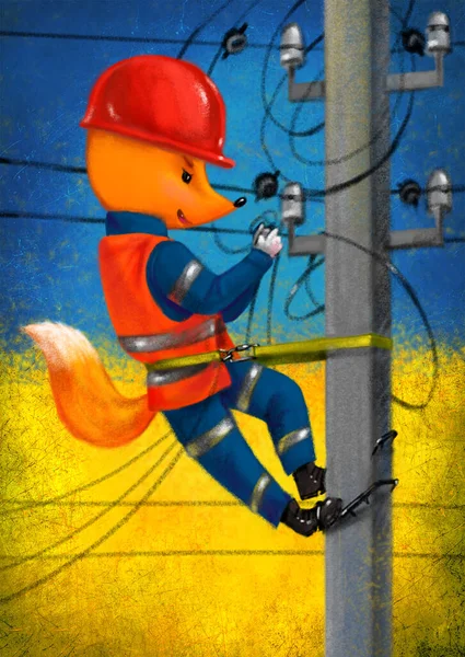 Ready to resist - Ukrainian Fox series. The Fox in the role of an electrician on a pole fixing wires. Dedicated to heroic communal workers.