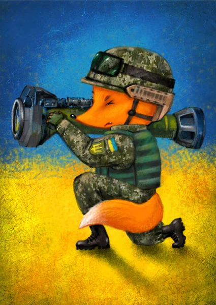 Ready to resist - Ukrainian Fox series. A fox with anti-tank weapons nlaw ready to defend his homeland from the invaders. On blue and yellow background, Ukrainian flag colors.
