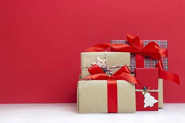 Different Gift Boxes Decorations Red Background — Stock Photo, Image